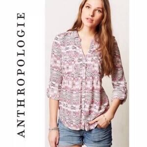 Anthro Maeve Boho Pink Pattern Button Down Blouse Size Medium